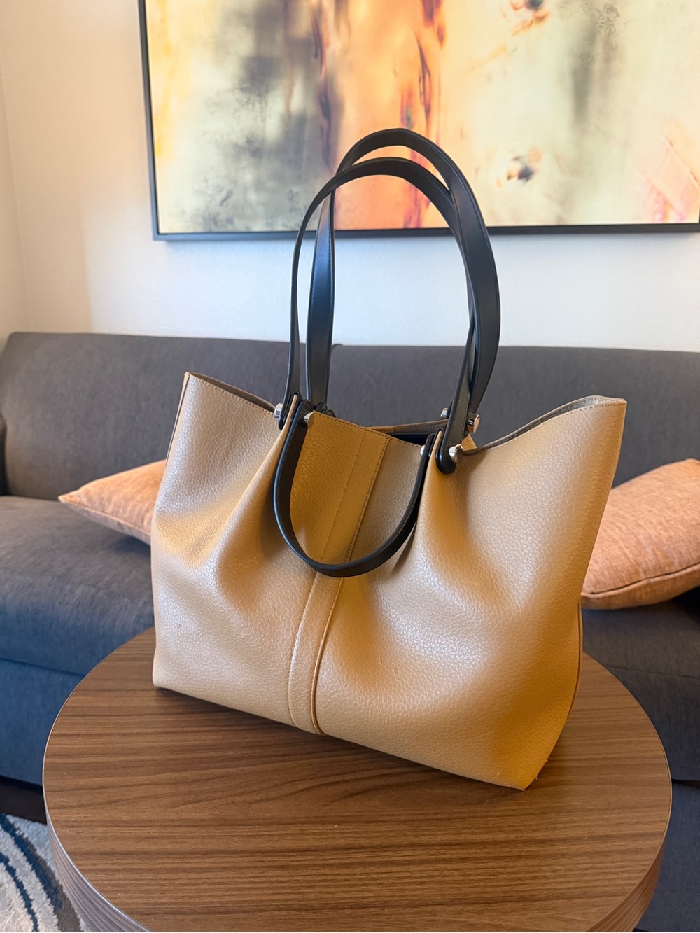 AllSaints Tan Pebbled Leather Tote with Black Handles